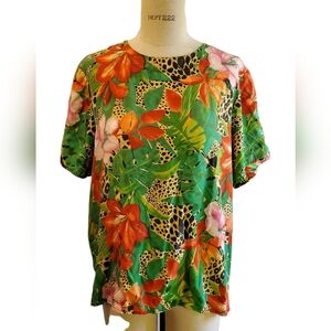 Vintage Tropical Hawaiian Print Silk Blouse Size 16‎